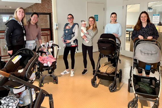 Welcome baby group getting together for the indoor stroller walk.