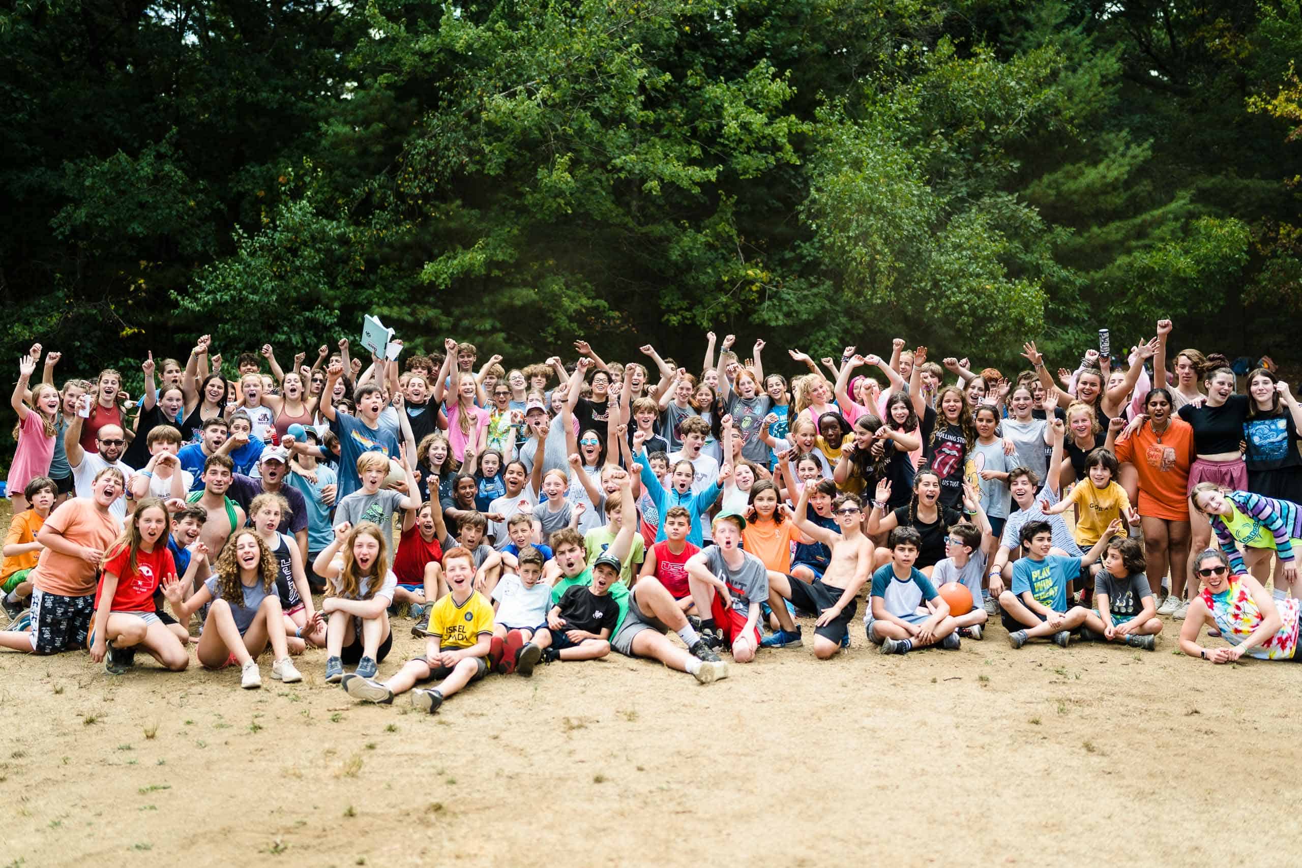 Large group photo of campers at JCC Camp Grossman.