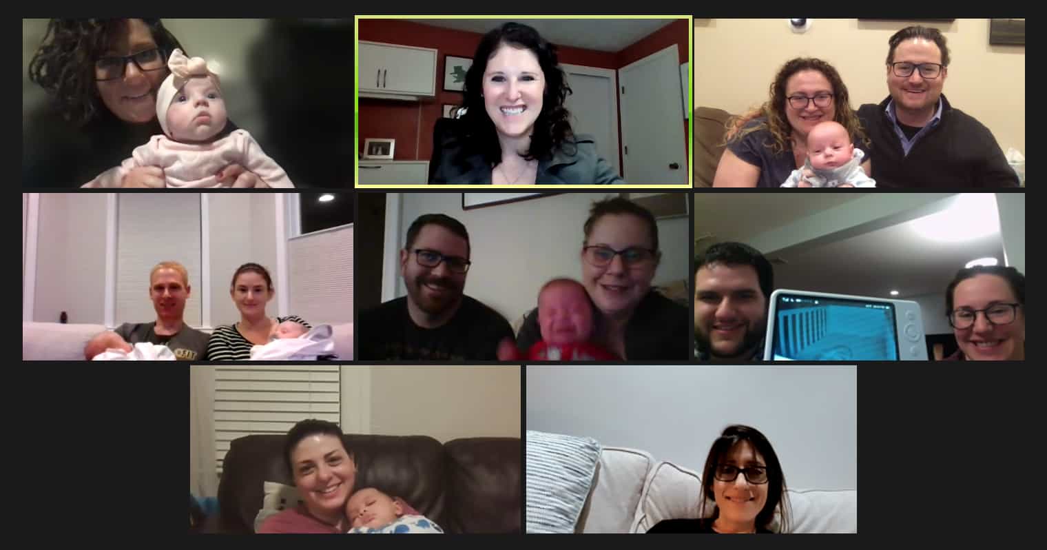 Families with babies connecting on Zoom.