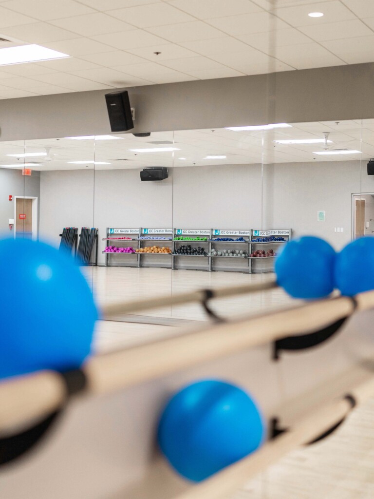 Exercise balls in a group fitness studio.
