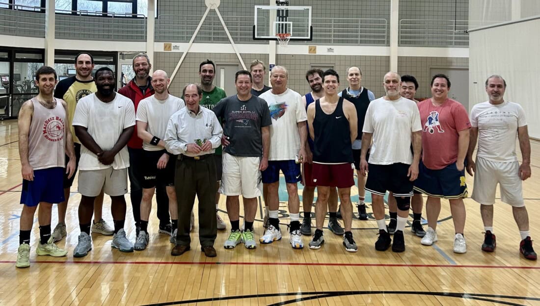 Adult basketball league play.