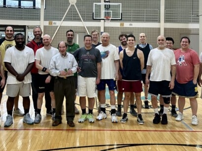Adult basketball league play.