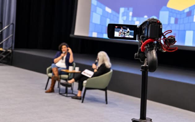 Recording a post-film conversation at the Boston Israeli Film Series.